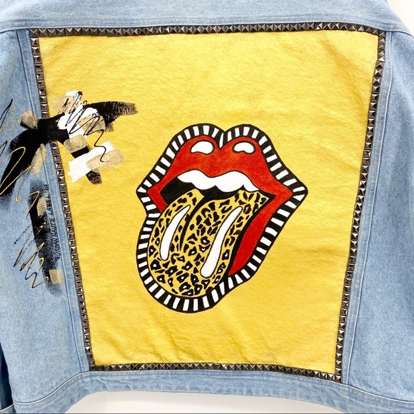URBAN HAUTE LABEL 'ROCKSTA' Vintage Studded Rolling Stones Denim Trucker Jacket - Picture 10 of 16